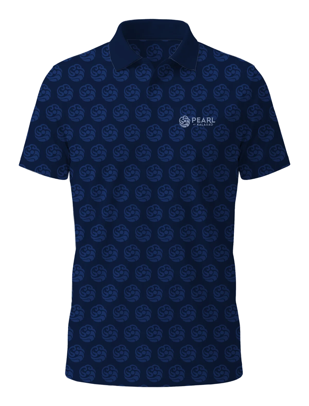 A navy polo with the Pearl at Kalauao icon repeated all over and the Pearl logo on the chest